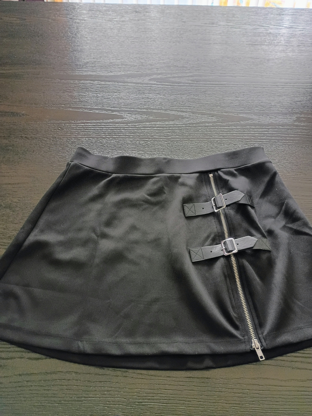 Women's Black Mini Skirt with Side Zipper & Buckle Straps